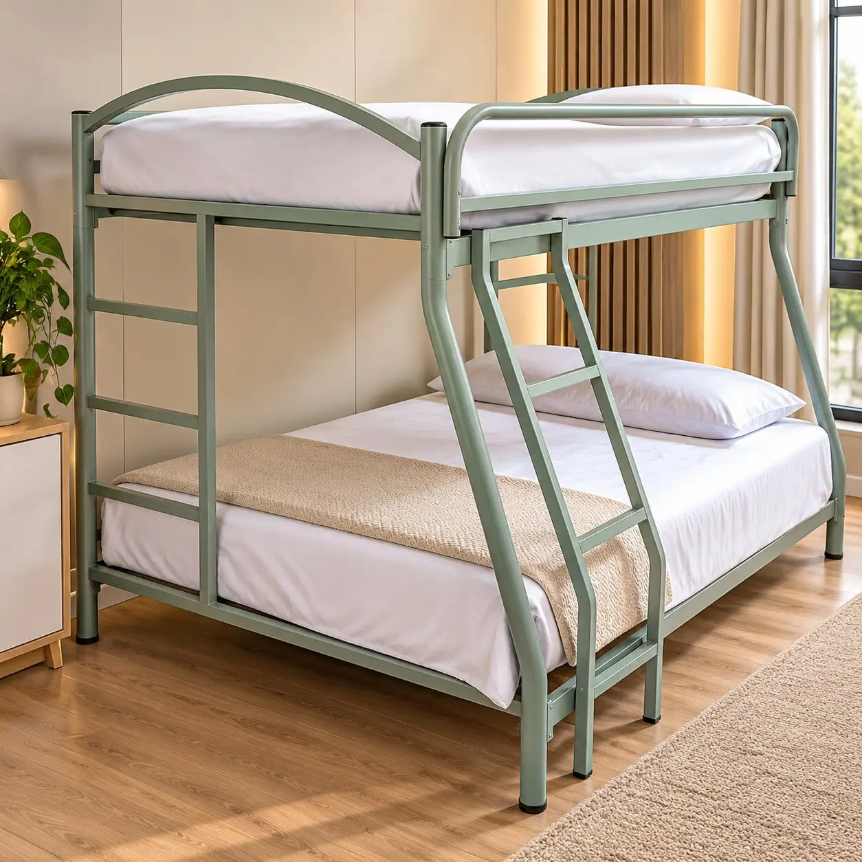 Camarote de metal verde con escalera