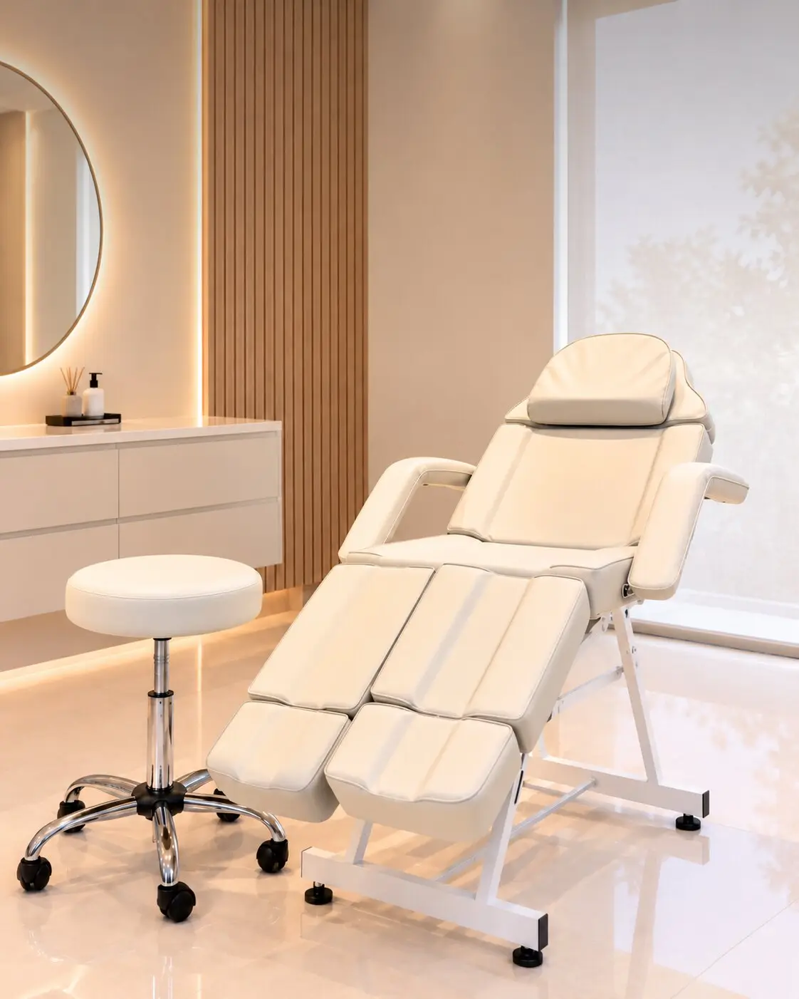Camilla de spa color crema con taburete de ruedas