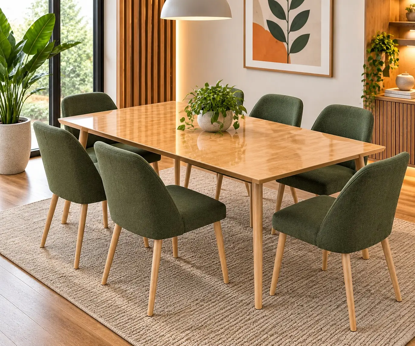 Comedor Letizia con mesa de madera y seis sillas verdes