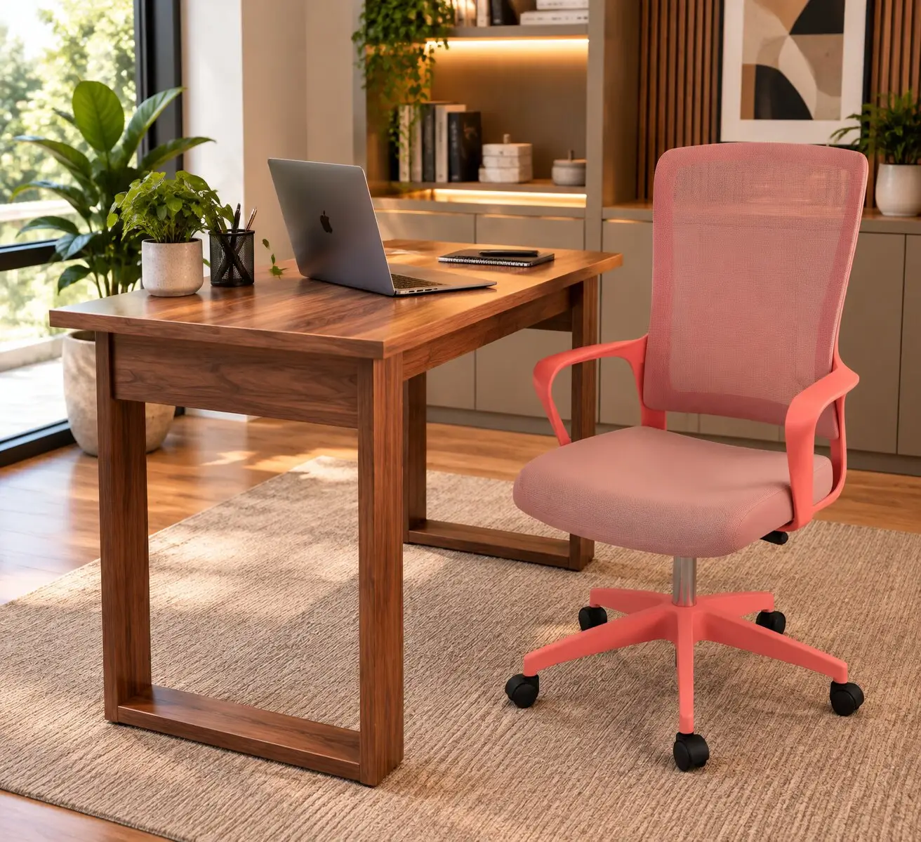 Escritorio de madera con silla rosada