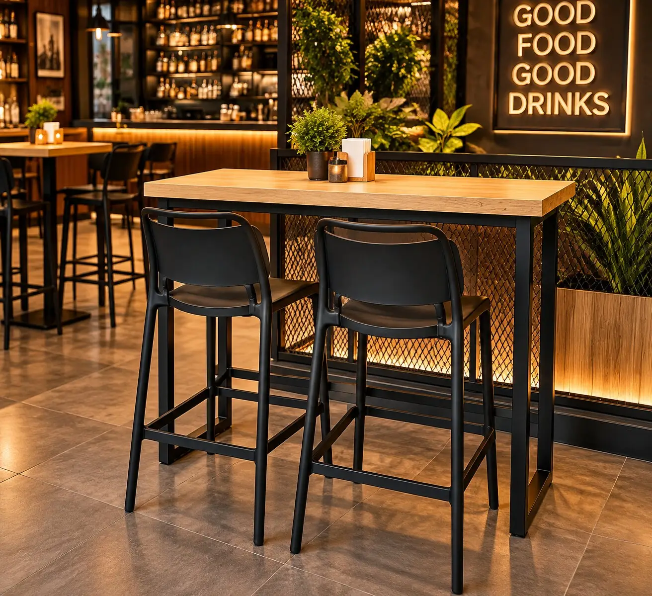 Mesa alta de bar con dos bancos negros