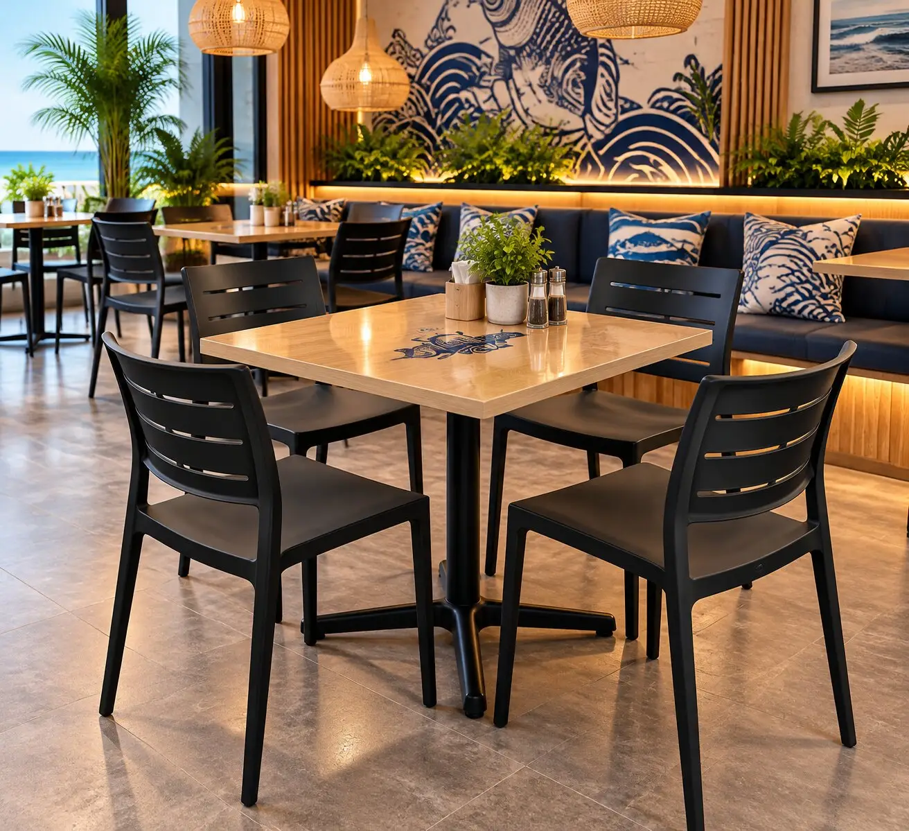 Juego de comedor con sillas Mika negras y mesa de madera en un restaurante
