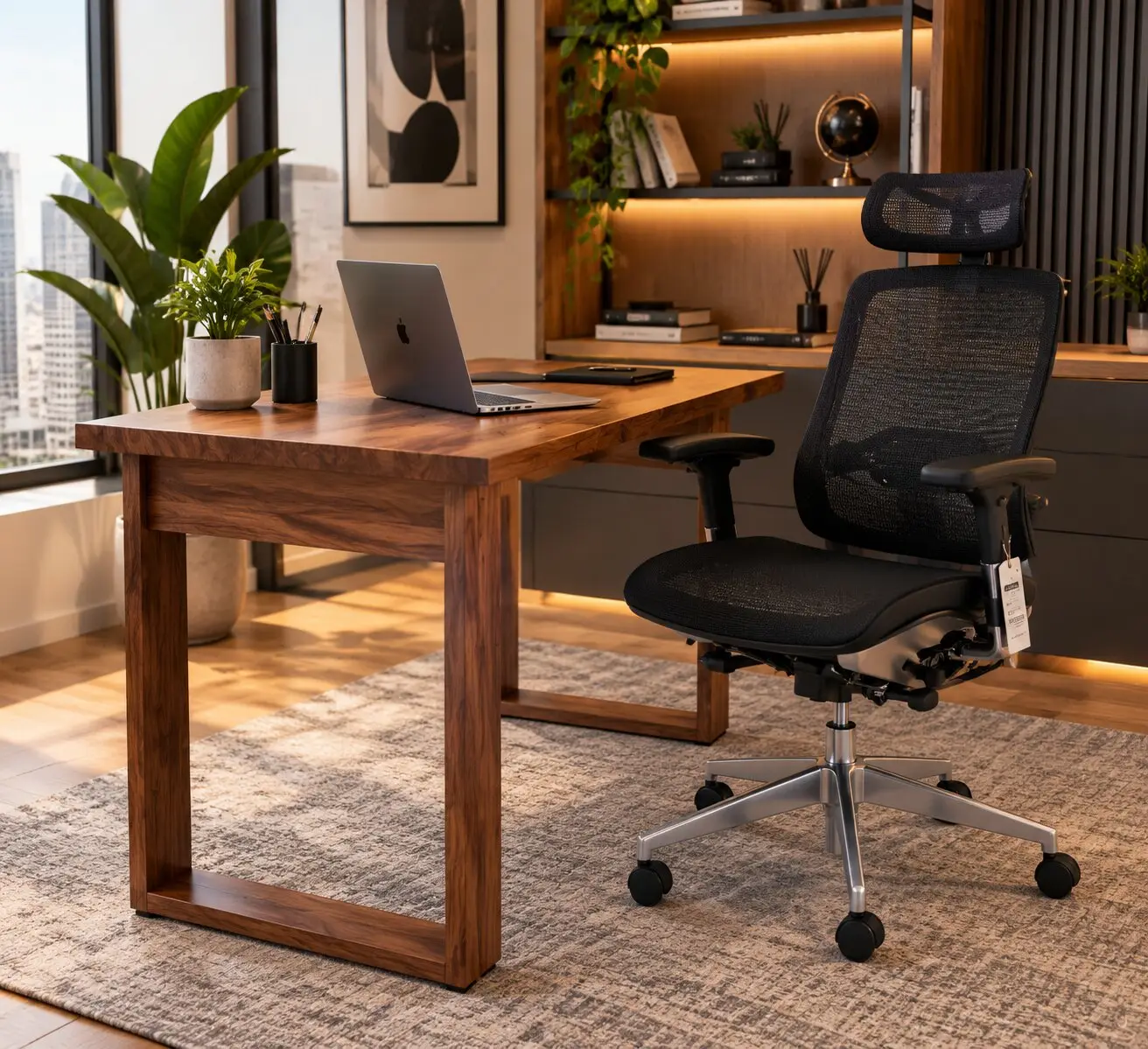 Puesto de trabajo con escritorio de madera y silla ergonómica Presi negra