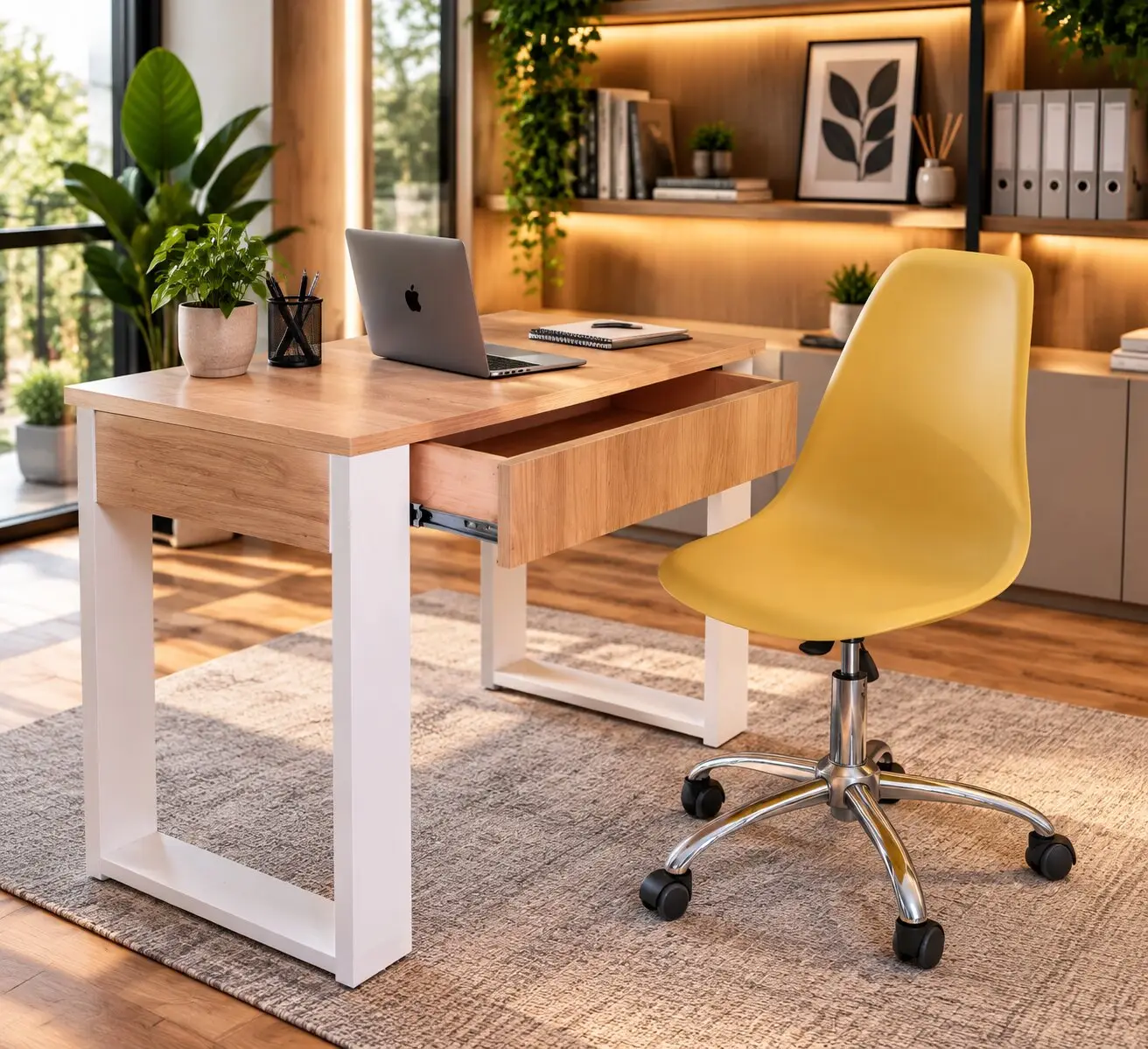 Puesto de trabajo con escritorio blanco y silla Surat amarilla