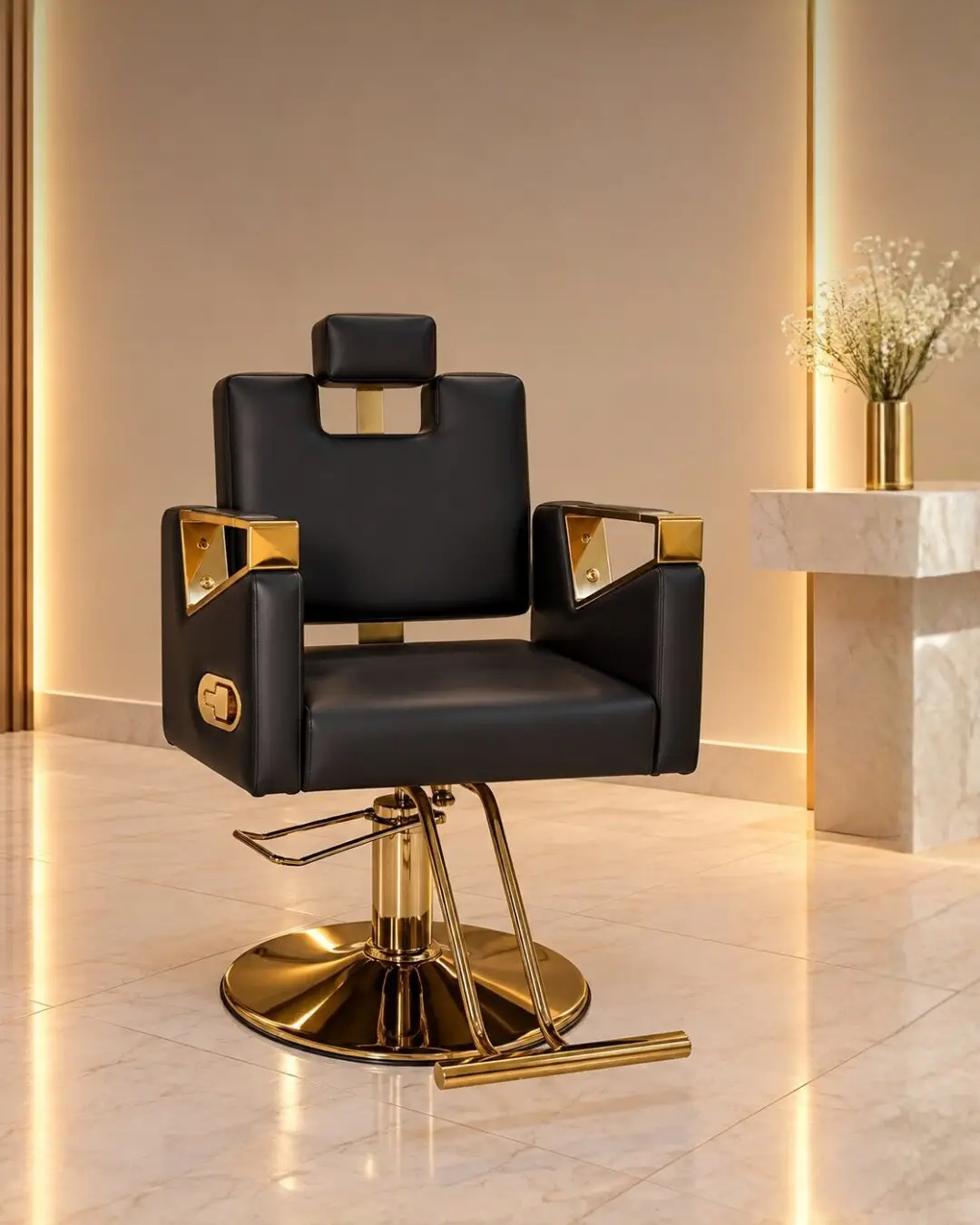Silla de corte Bellini negra con brazos y base dorados