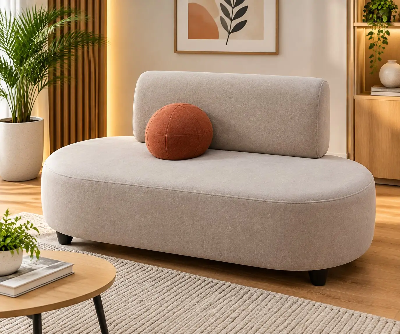 Sofá curvo beige con cojín terracota